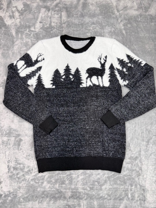 Tops - Women’s Black and White Crewneck Sweater with Deer Design